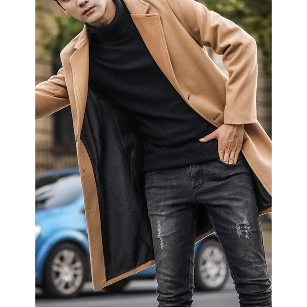 Men's Khaki Wool Blend Pea Coat Notched Collar Breasted Winter Trench Coat - Picture 7 of 8